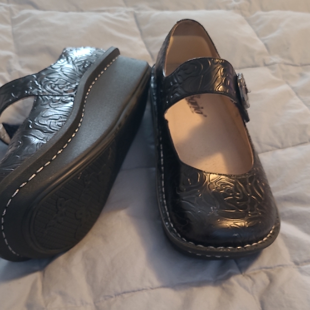 Alegria Black Floral Embossed Mary Jane Clogs